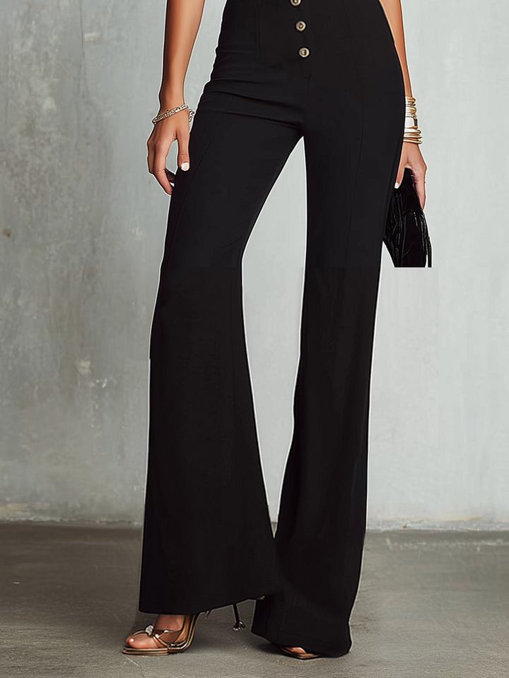 Black And White Contrast Deep V-Neck Buttoned Wide-Leg Jumpsuit