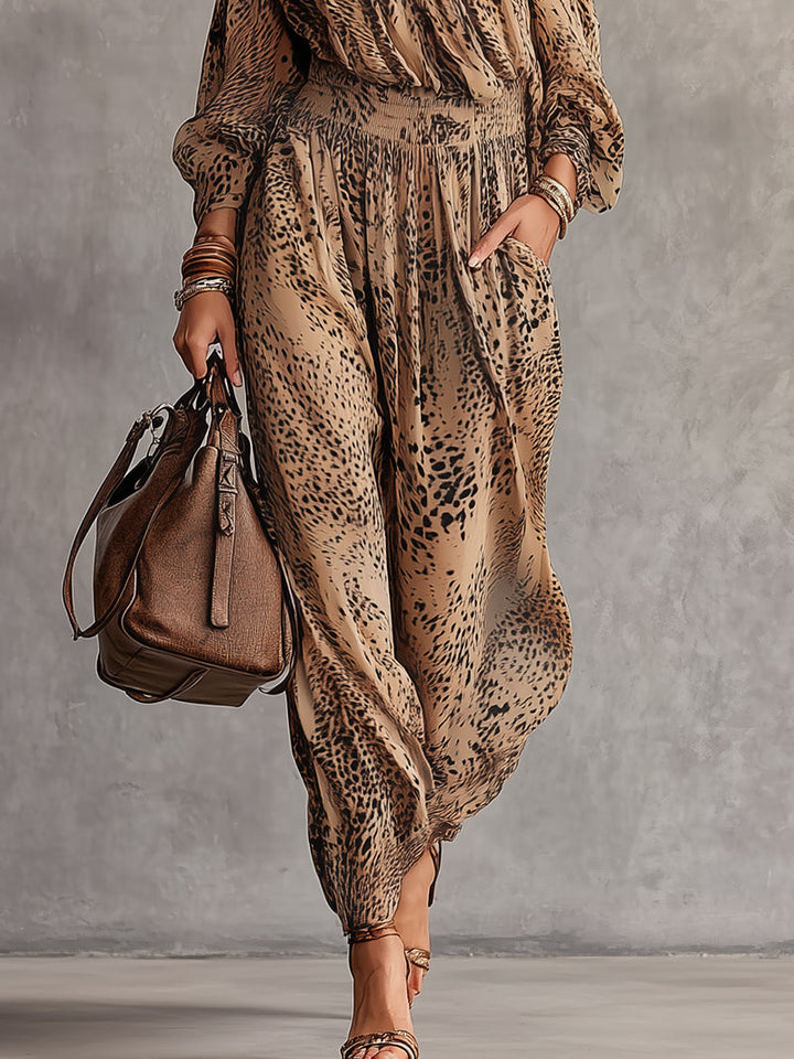 Brown Leopard Print Off-Shoulder Long Sleeve Chiffon Jumpsuit