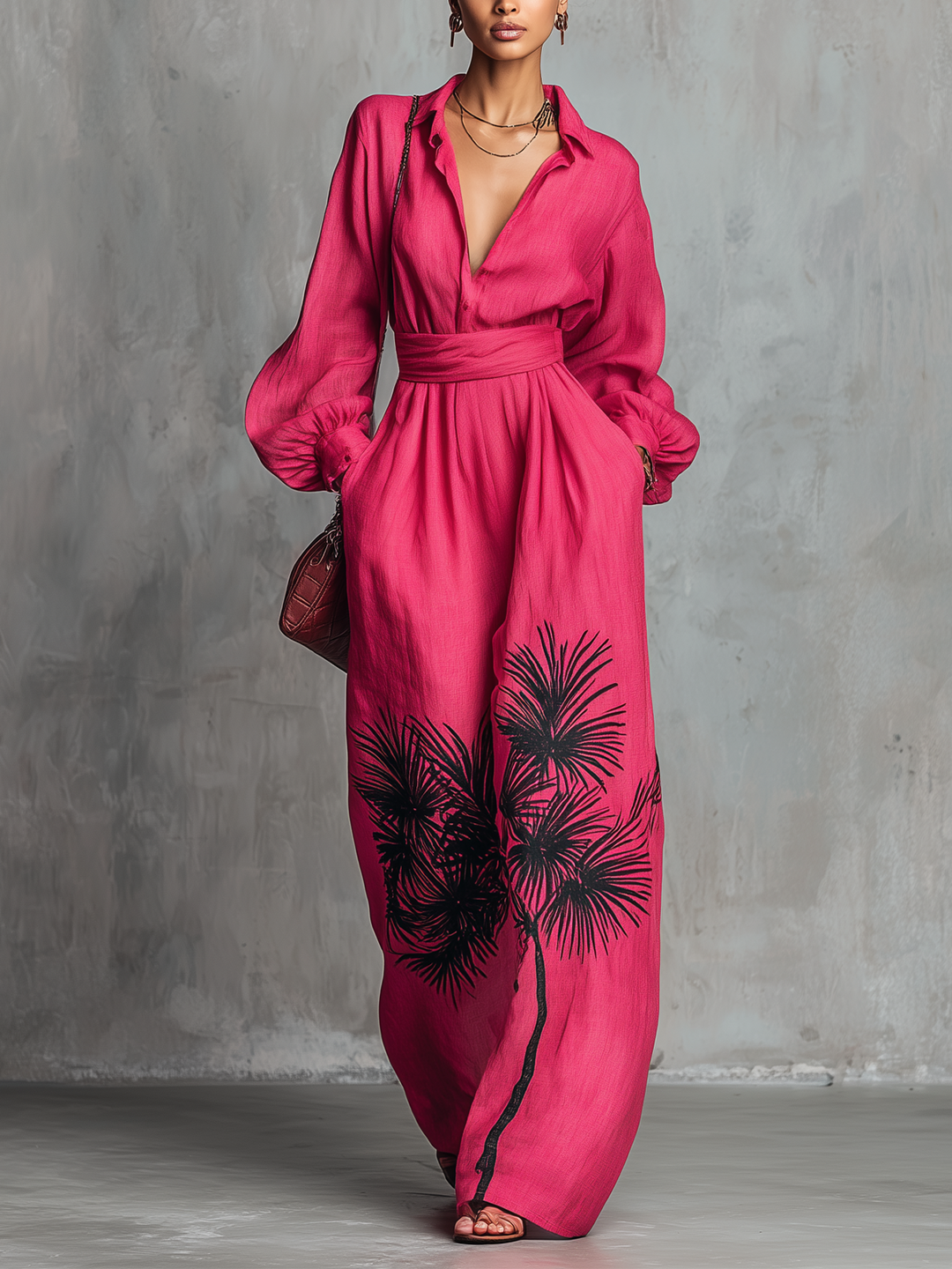 Pink Palm-Print Belted Chiffon Long Sleeve Jumpsuit