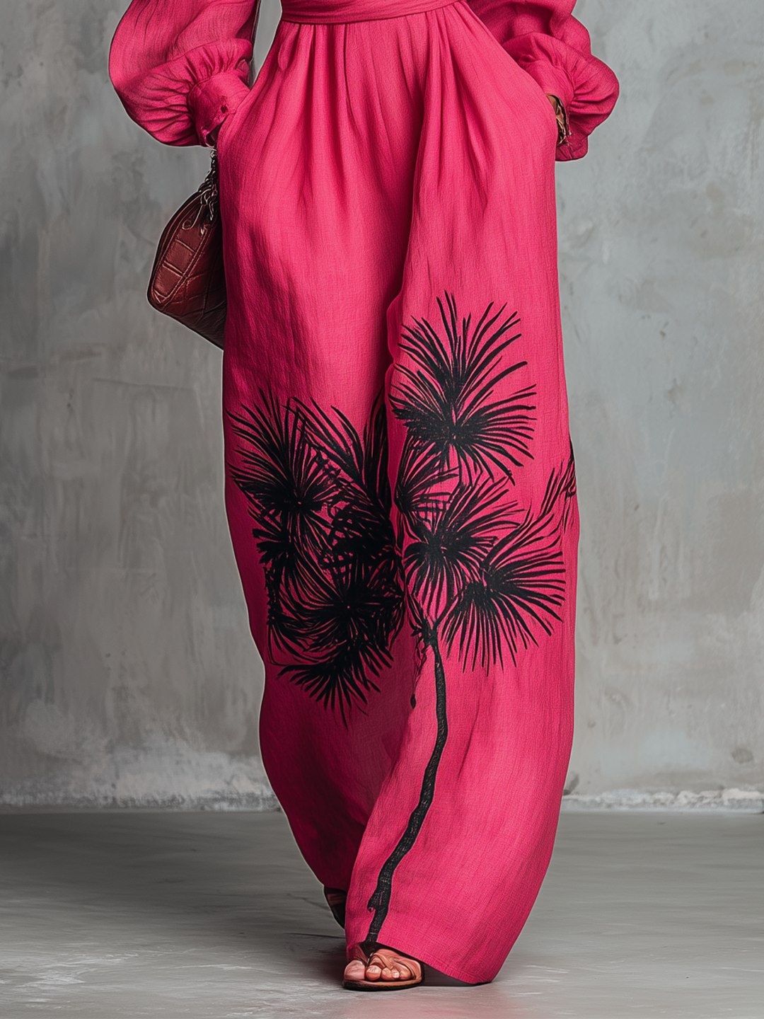 Pink Palm-Print Belted Chiffon Long Sleeve Jumpsuit