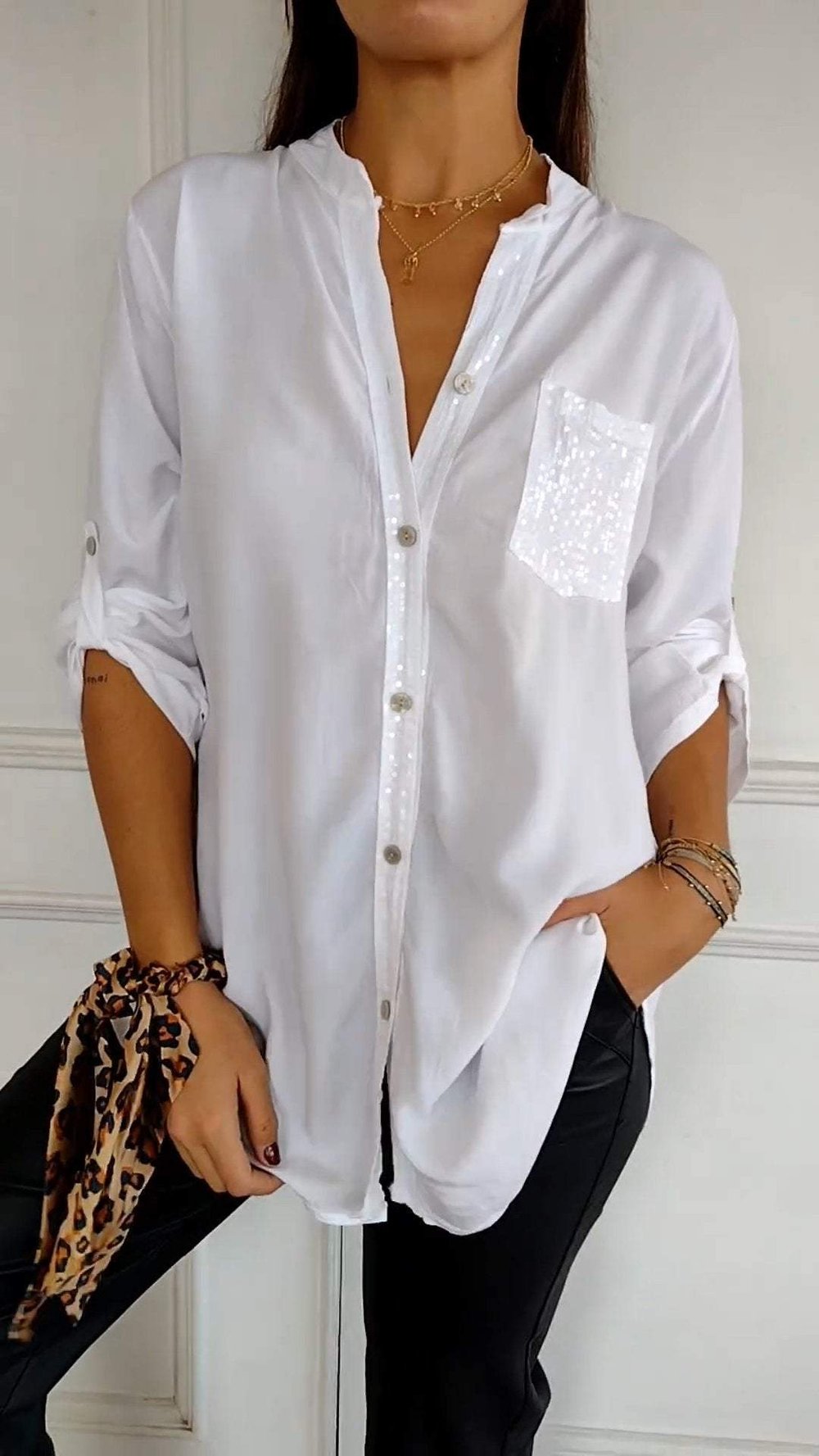 Alandria™ | V-Neck Sequin Mid-Sleeve Casual Top