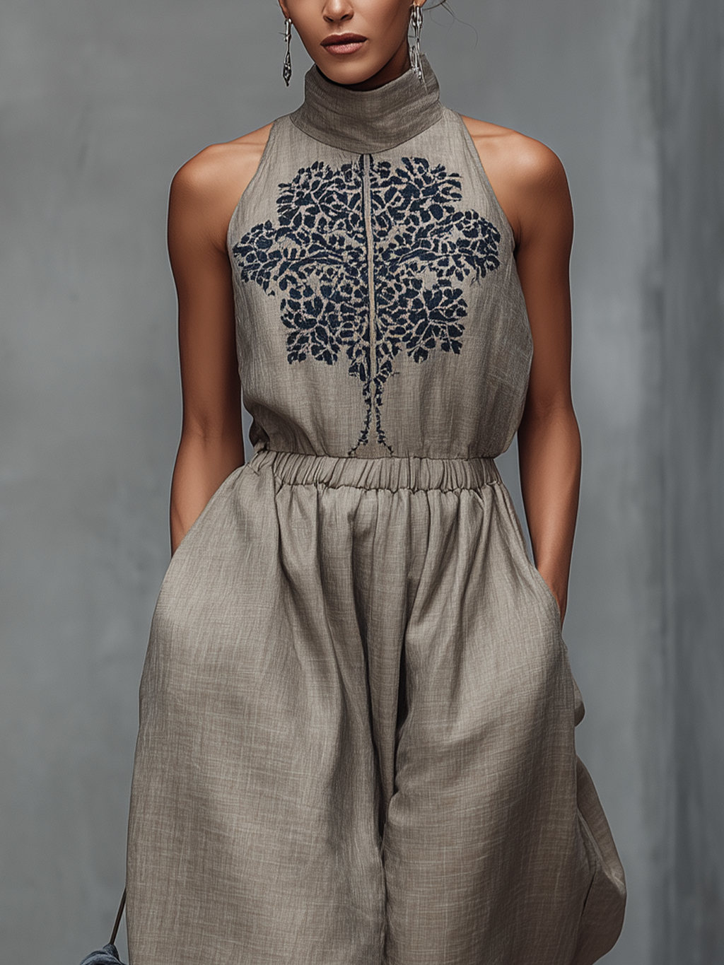 Taupe Embroidered High-Neck Sleeveless Wide-Leg Jumpsuit