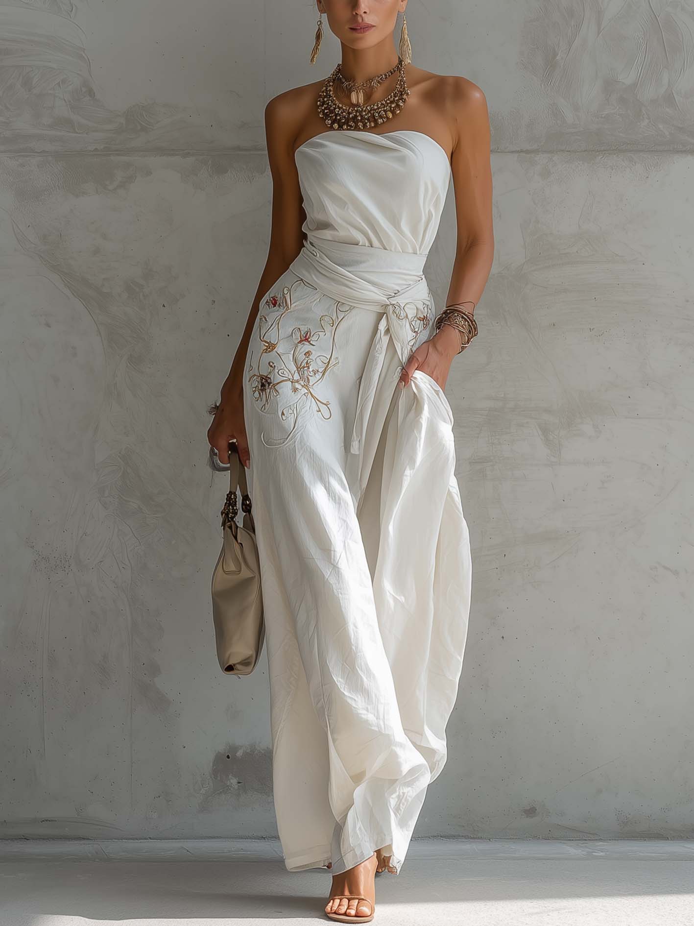 White Off Shoulder Embroidered Cotton Linen Jumpsuit