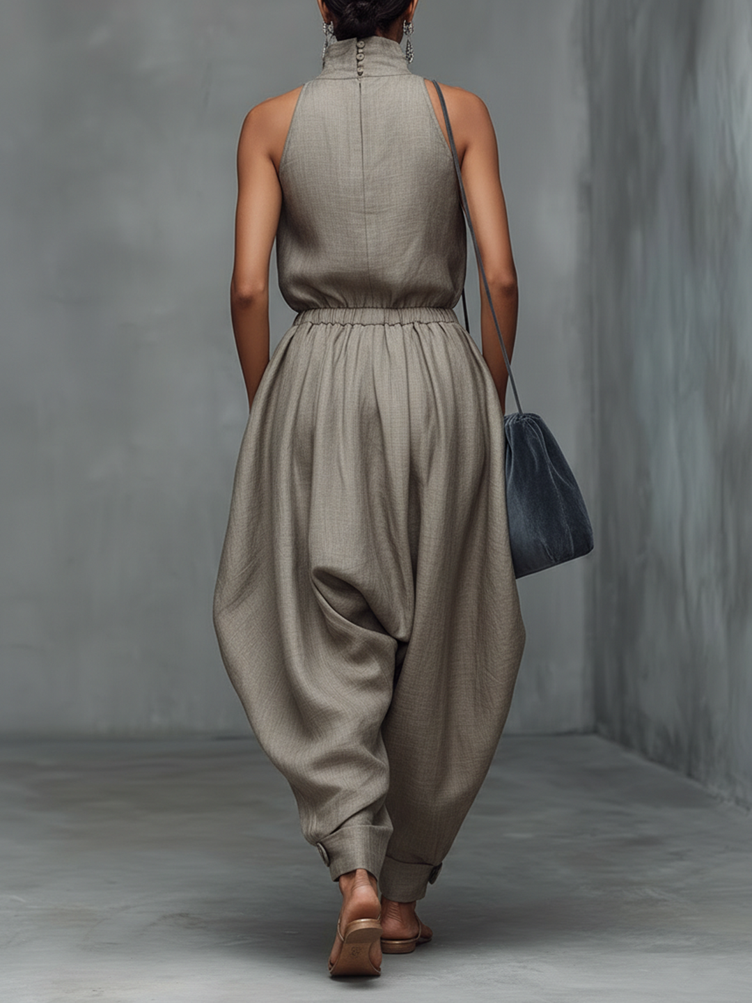 Taupe Embroidered High-Neck Sleeveless Wide-Leg Jumpsuit
