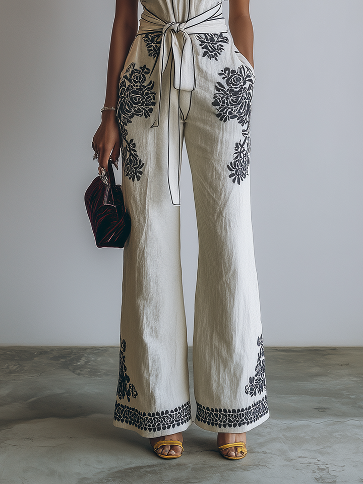 Strapless Embroidered Wide-Leg Jumpsuit With Waist Tie And Bohemian Detailing