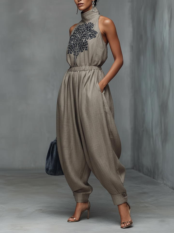 Taupe Embroidered High-Neck Sleeveless Wide-Leg Jumpsuit