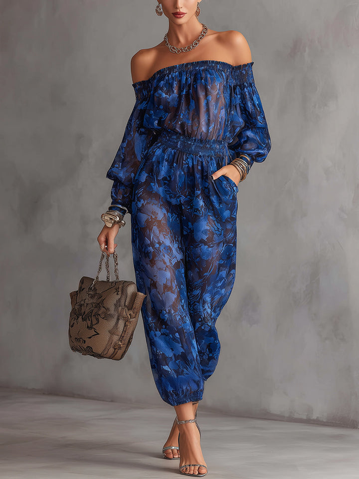 Blue Sheer Floral Off-Shoulder Long Sleeve Chiffon Jumpsuit