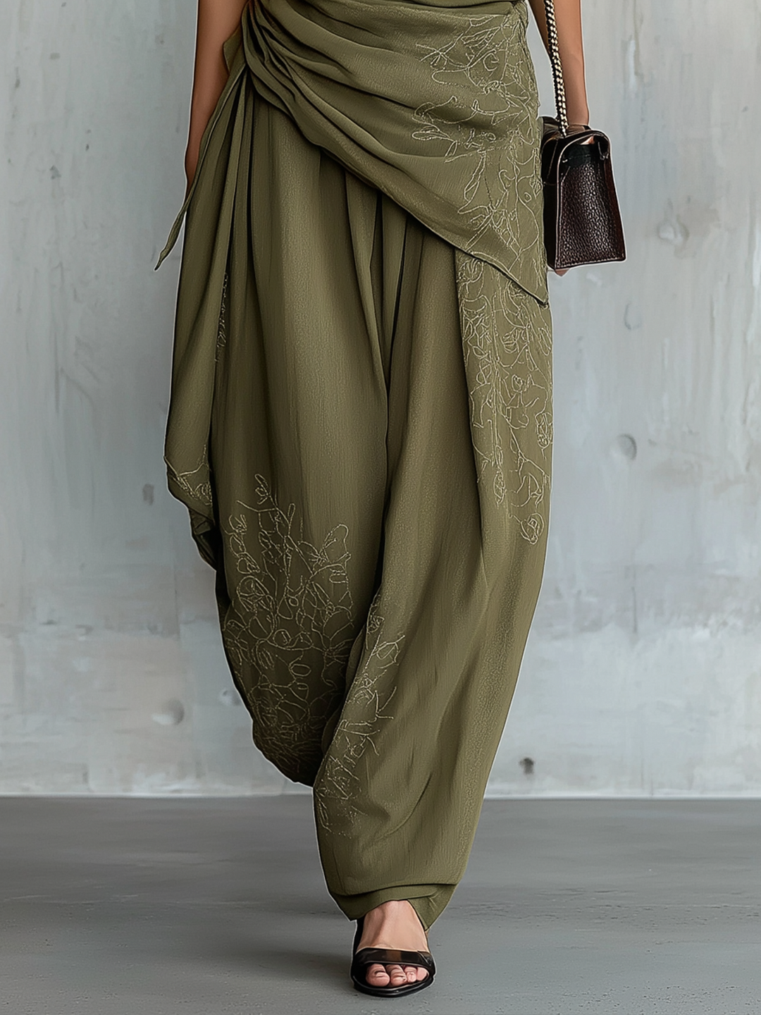 Draped Sleeveless Jumpsuit With Gathered Waist And Embroidered Detail