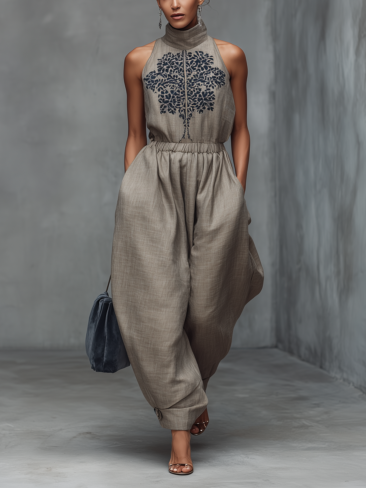 Taupe Embroidered High-Neck Sleeveless Wide-Leg Jumpsuit