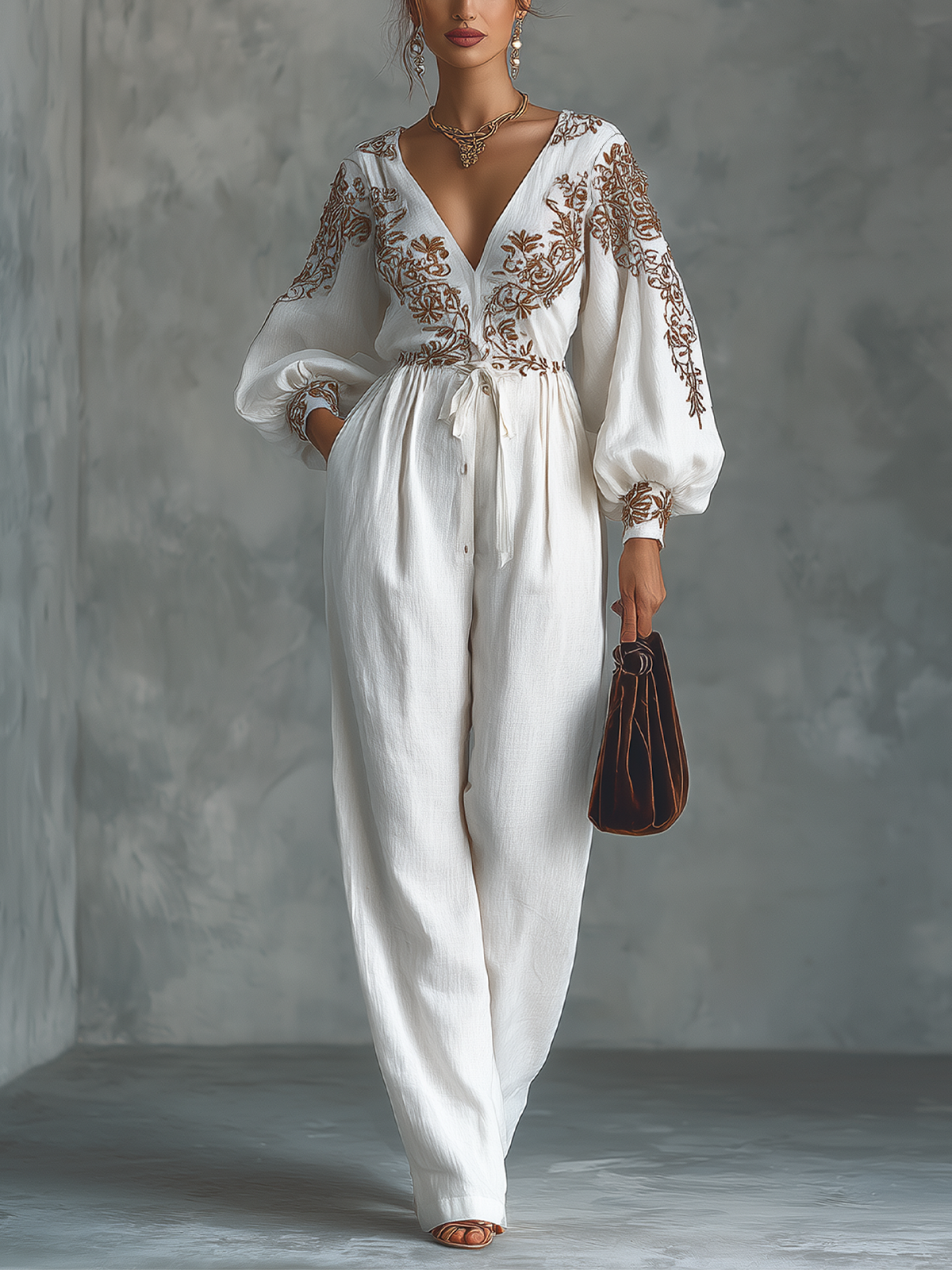 White Embroidered V-Neck Long Sleeve Wide-Leg Jumpsuit