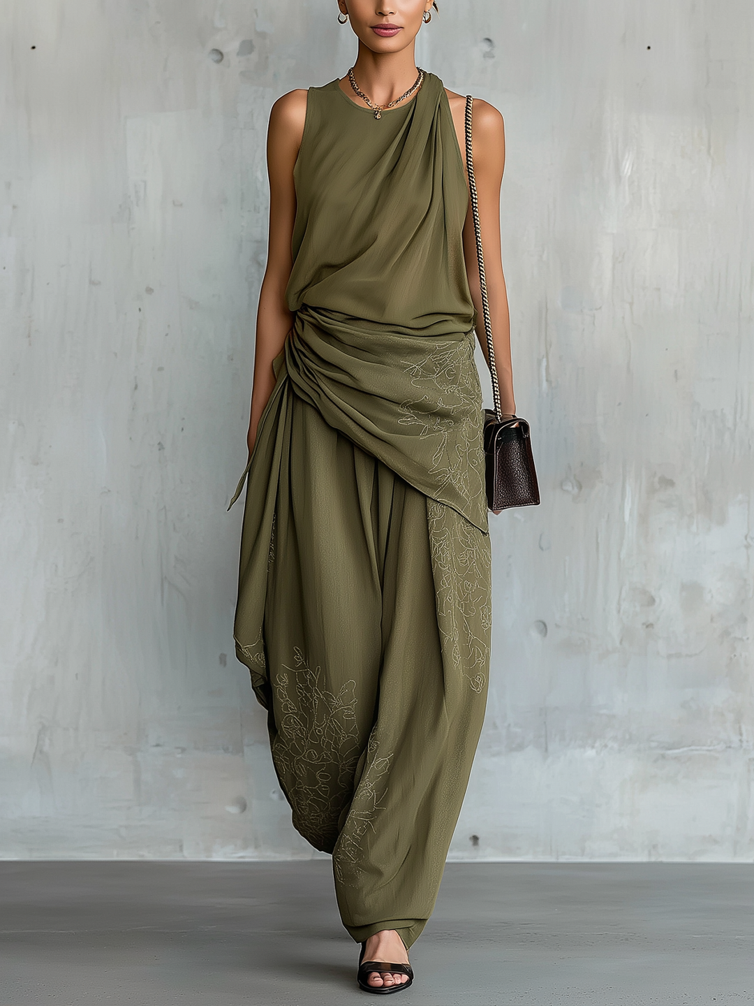 Draped Sleeveless Jumpsuit With Gathered Waist And Embroidered Detail