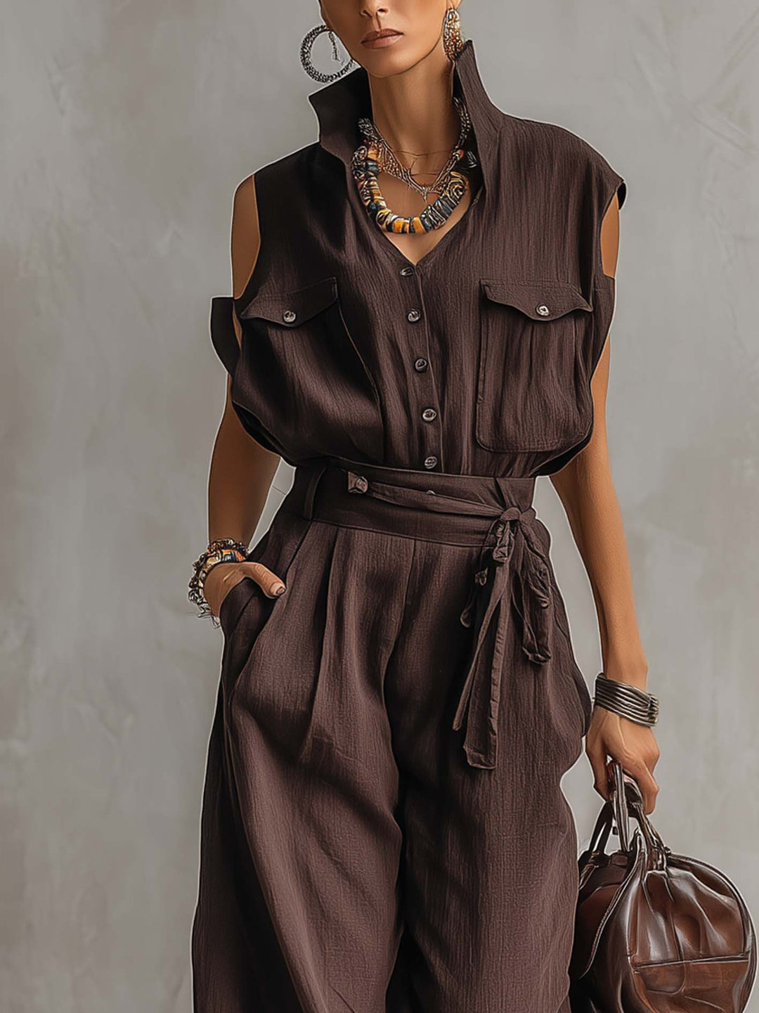 Dark Brown Cotton Linen Casual Jumpsuit With Belted Waist