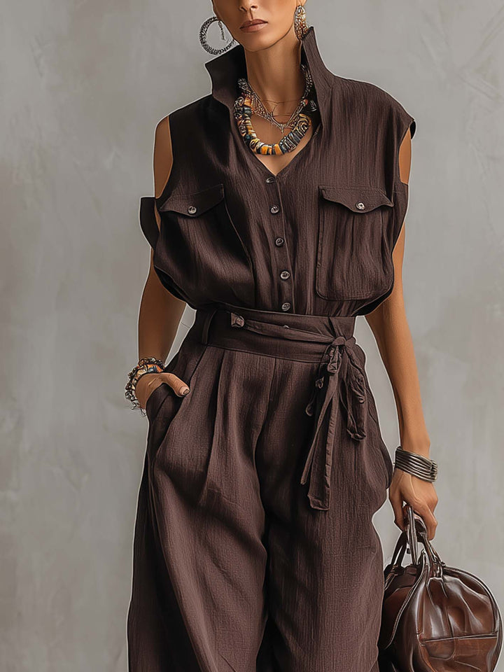 Dark Brown Cotton Linen Casual Jumpsuit With Belted Waist