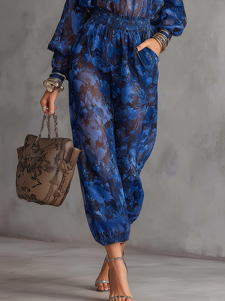 Blue Sheer Floral Off-Shoulder Long Sleeve Chiffon Jumpsuit