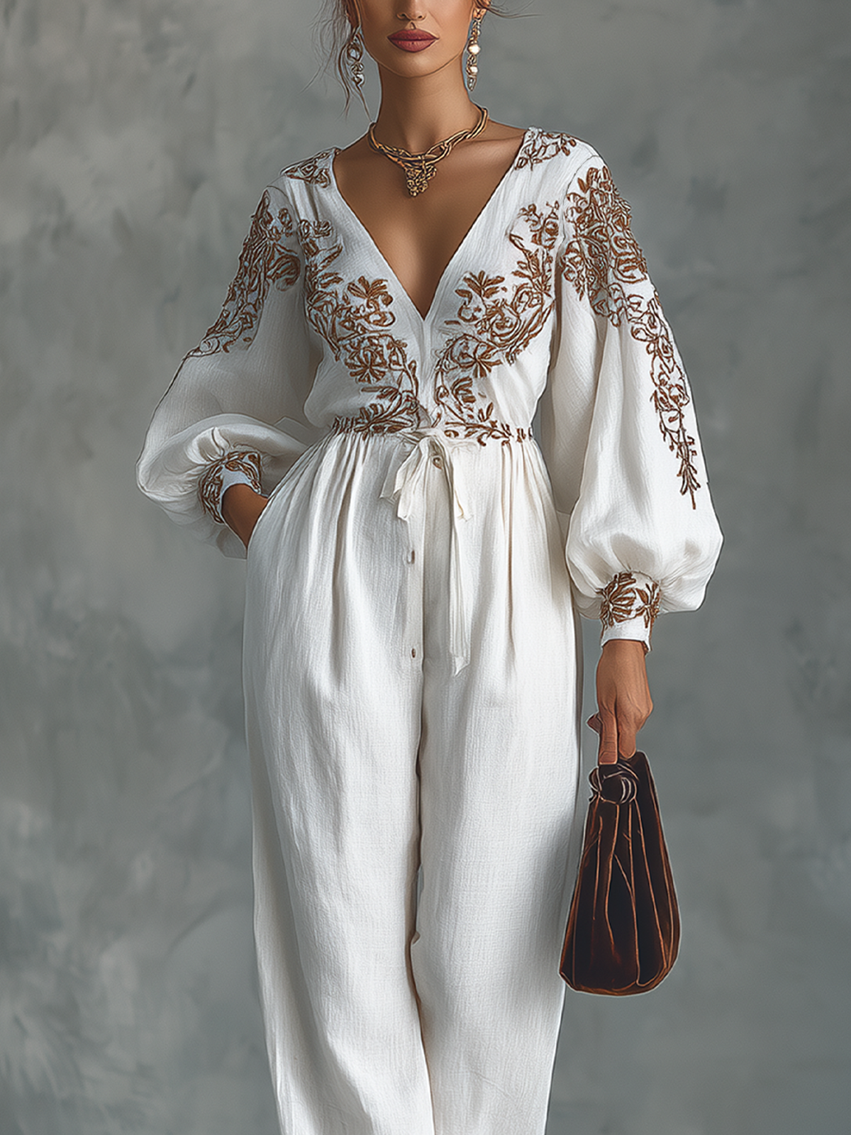 White Embroidered V-Neck Long Sleeve Wide-Leg Jumpsuit