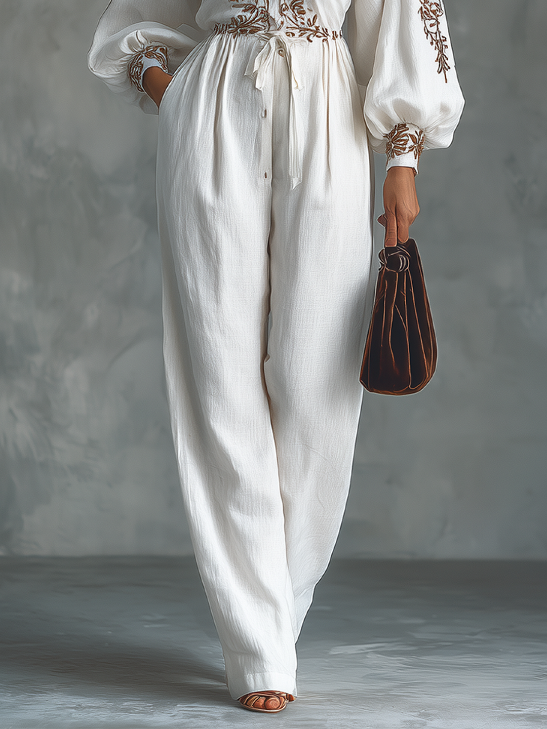White Embroidered V-Neck Long Sleeve Wide-Leg Jumpsuit