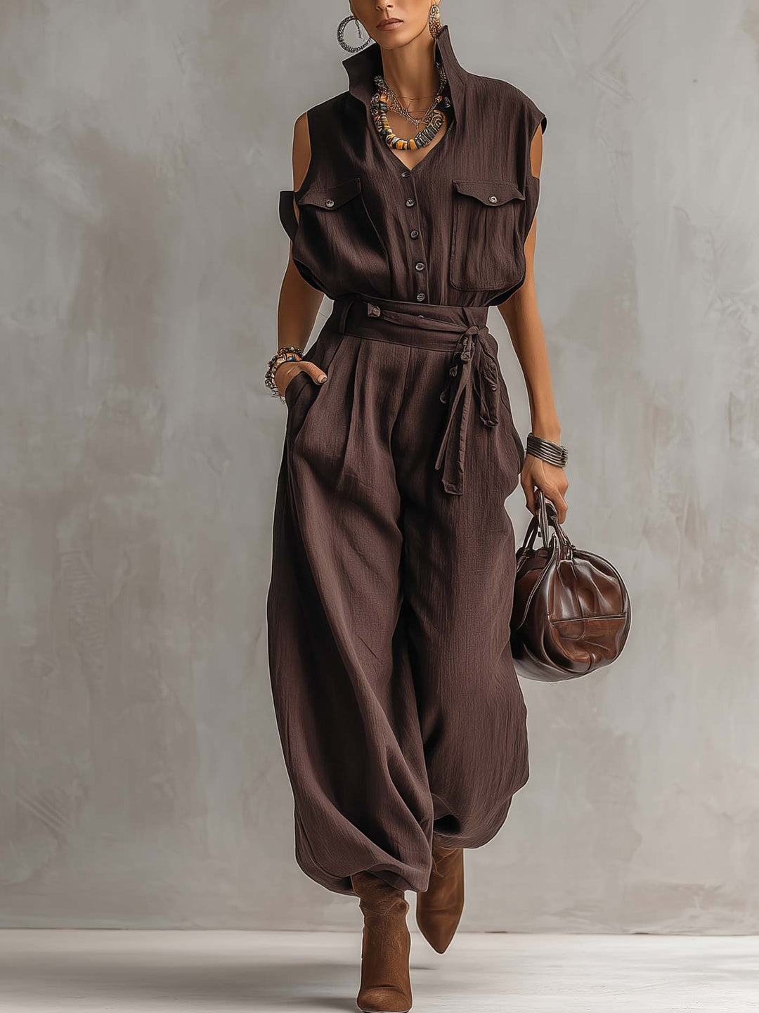 Dark Brown Cotton Linen Casual Jumpsuit With Belted Waist
