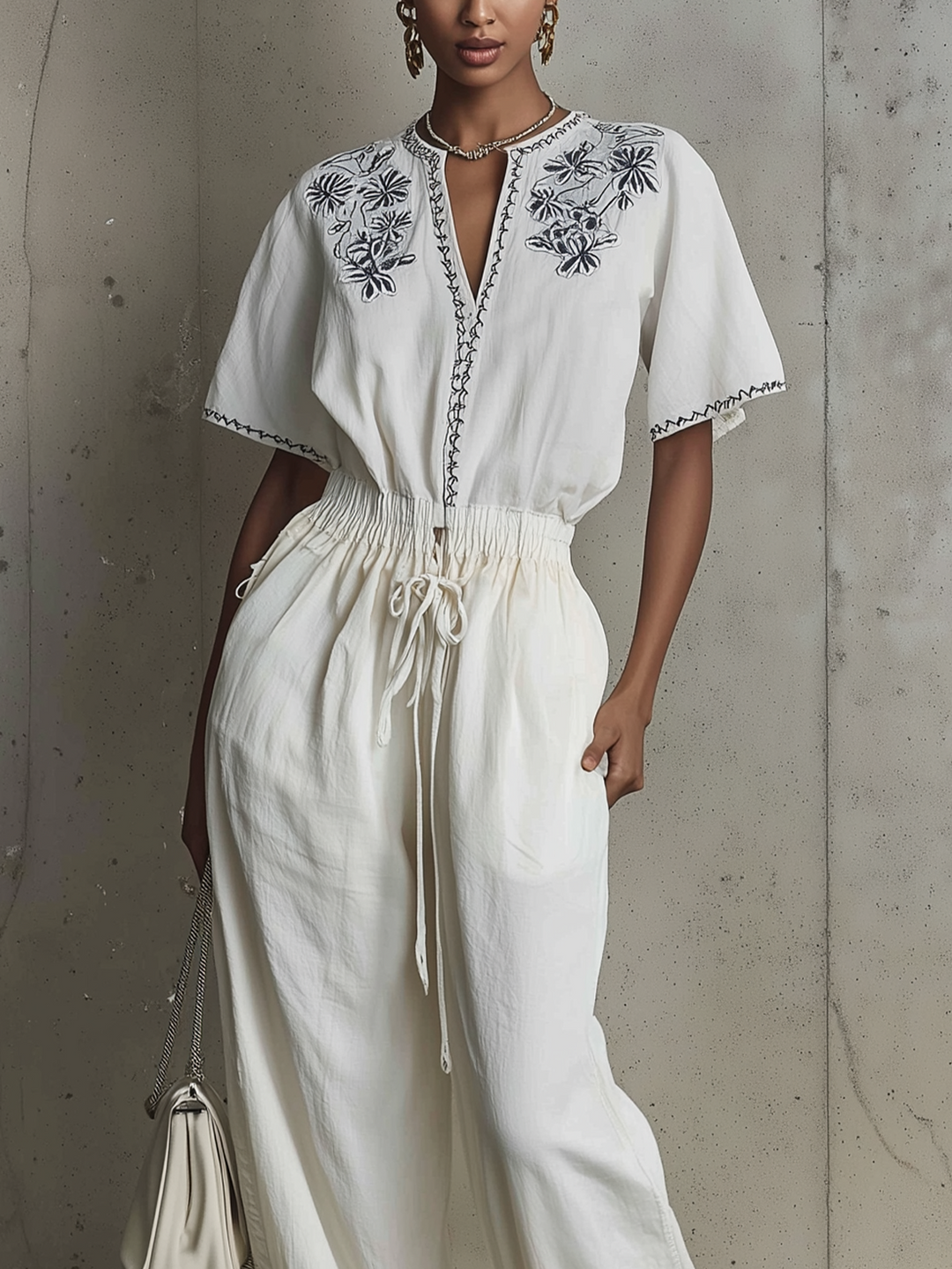 Embroidered Cotton Jumpsuit With Drawstring Waist And Ruffled Hem