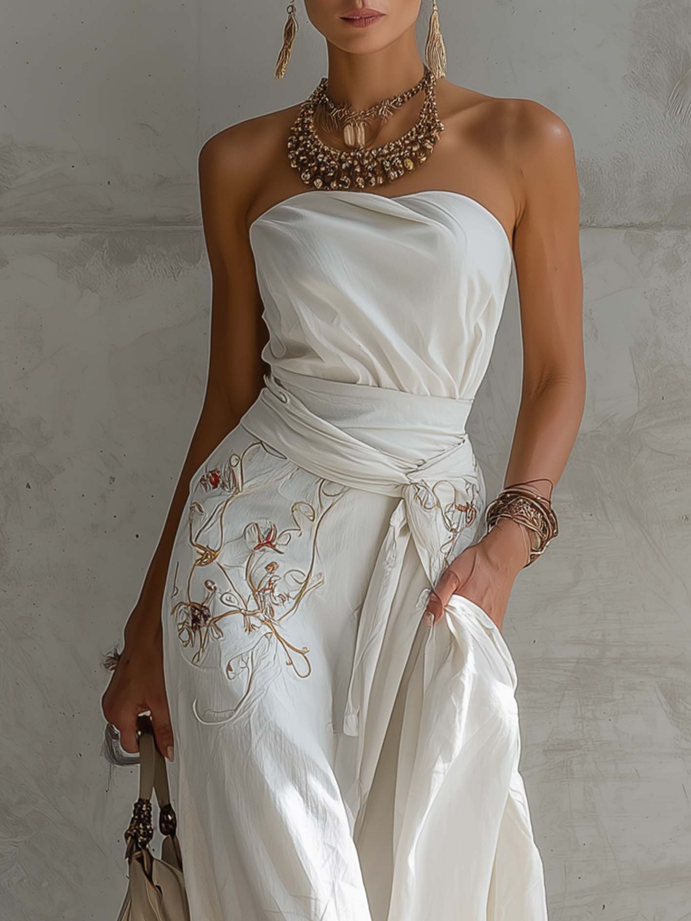 White Off Shoulder Embroidered Cotton Linen Jumpsuit