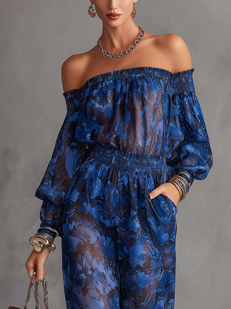 Blue Sheer Floral Off-Shoulder Long Sleeve Chiffon Jumpsuit