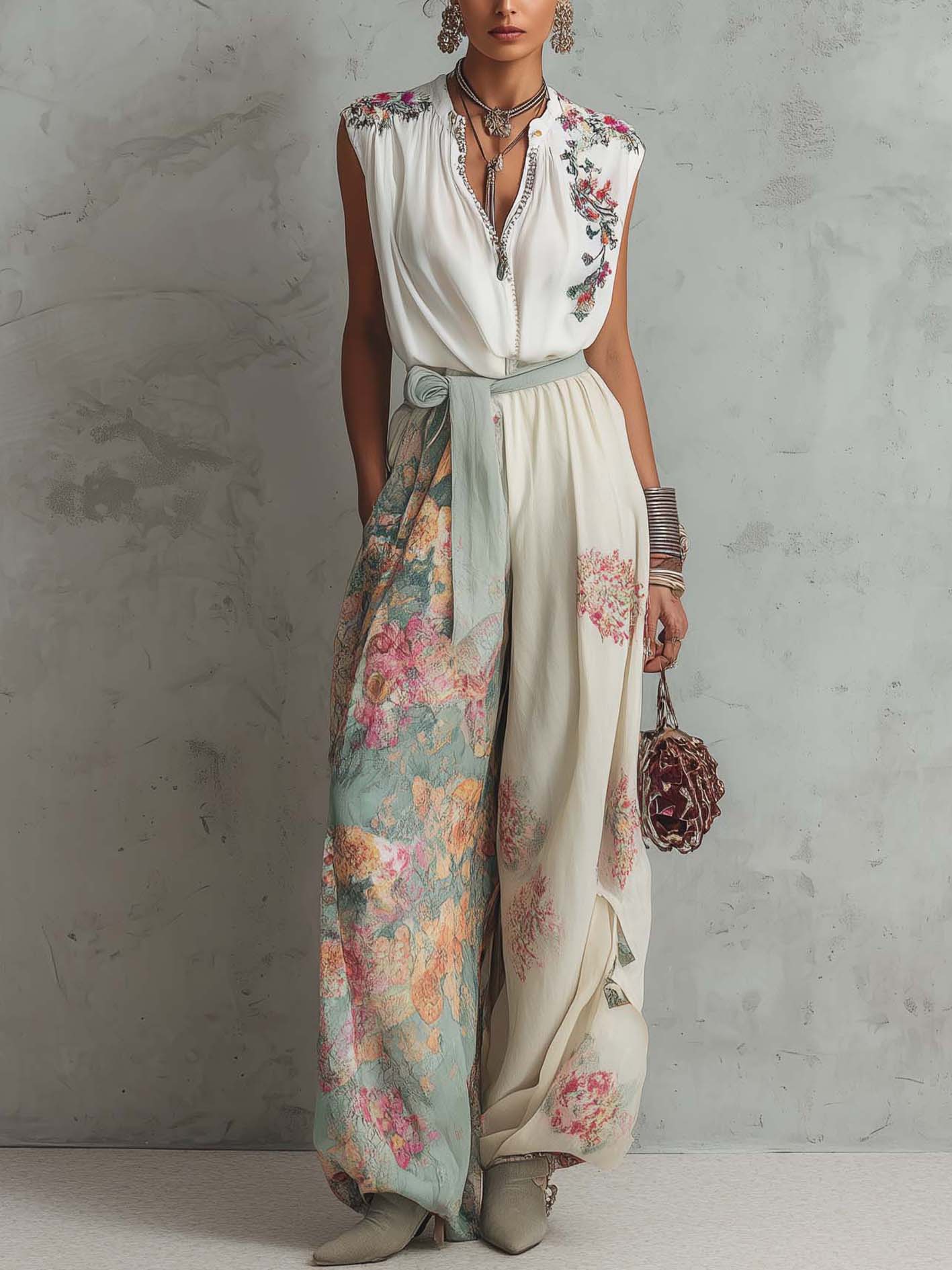 White Floral Chiffon Sleeveless Jumpsuit