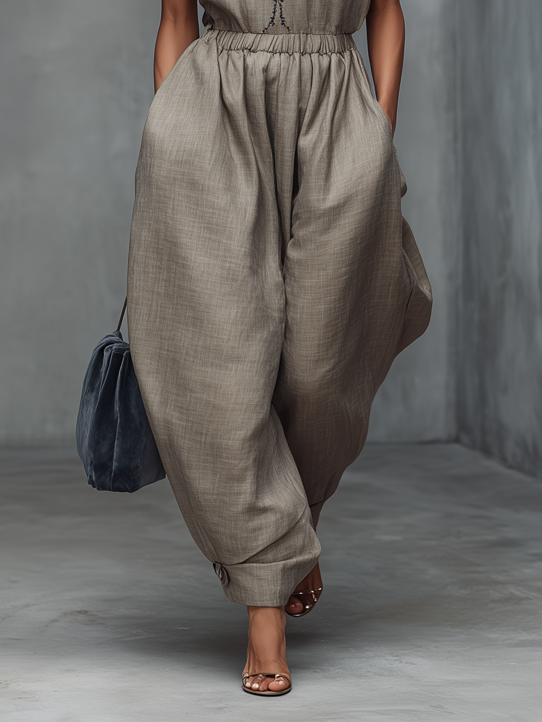 Taupe Embroidered High-Neck Sleeveless Wide-Leg Jumpsuit
