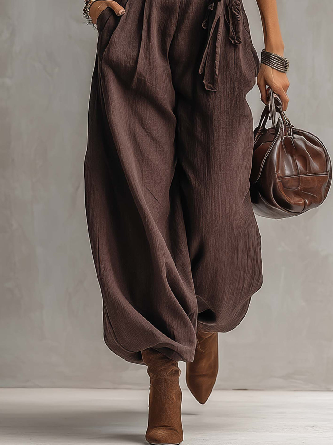 Dark Brown Cotton Linen Casual Jumpsuit With Belted Waist