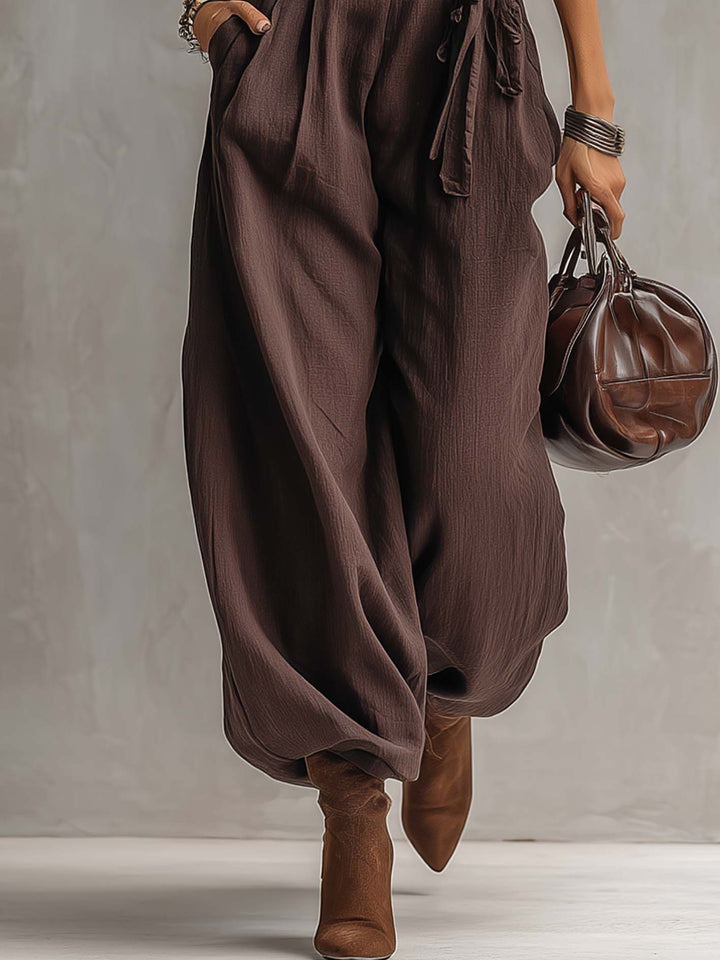 Dark Brown Cotton Linen Casual Jumpsuit With Belted Waist