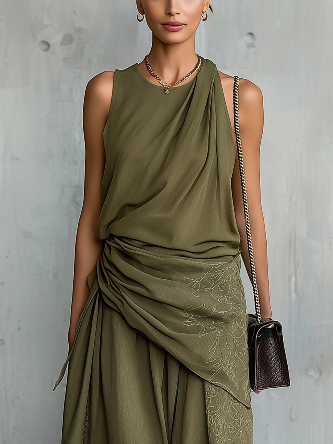 Draped Sleeveless Jumpsuit With Gathered Waist And Embroidered Detail
