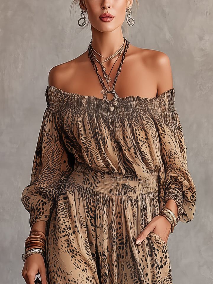 Brown Leopard Print Off-Shoulder Long Sleeve Chiffon Jumpsuit